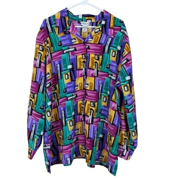 VTG 90s Modern Essentials Abstract Art Button-Down Top Sz 22 Indie Maximalist - Picture 1 of 7